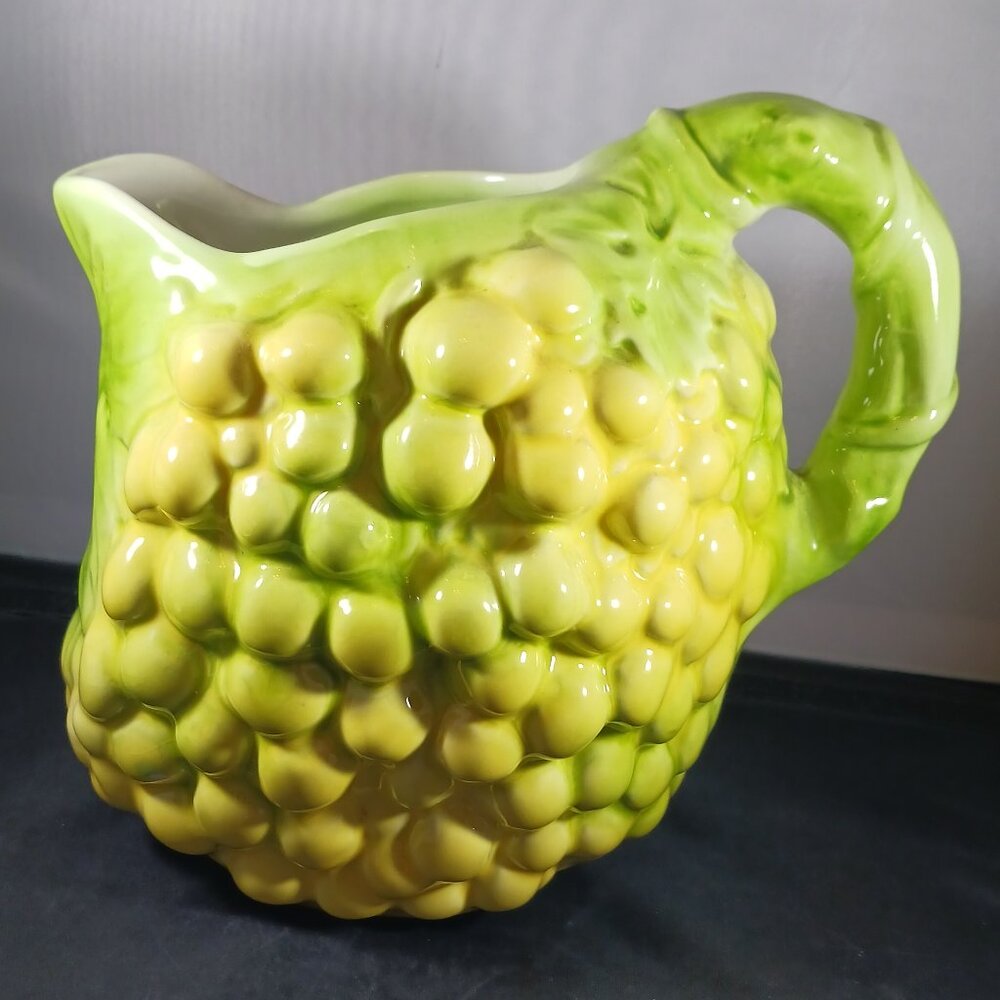 Vintage  Majolica Style Yellow and Green Ceramic Grape Pitcher